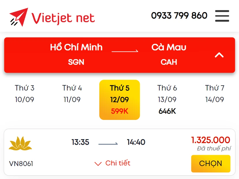 Giá vé máy bay đi Cà Mau Vietnam Airlines