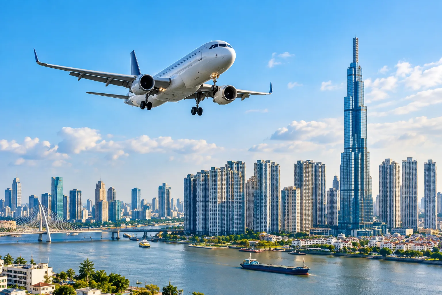 Máy bay hạ cánh trên bầu trời Sài Gòn hiện đại