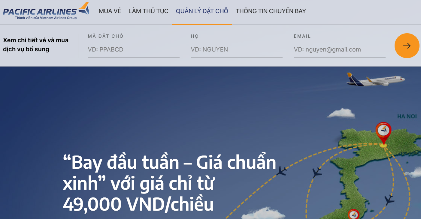 Kiểm tra vé máy bay đã đặt Pacific Airlines