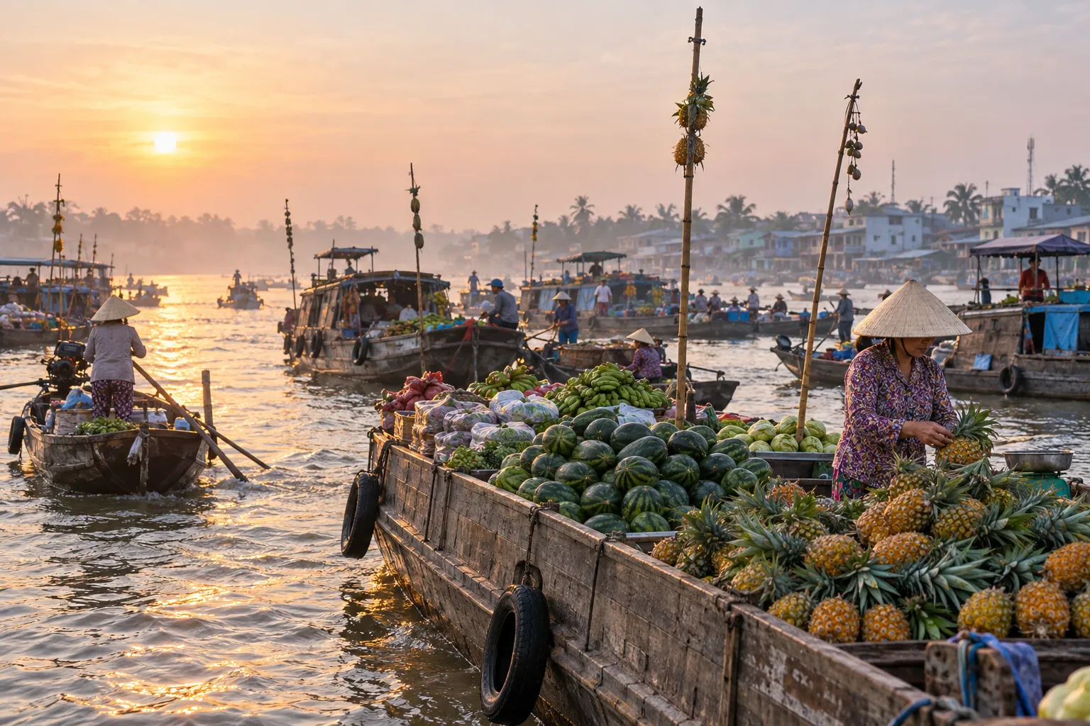 Chợ nổi Cái Răng Cần Thơ vào buổi sáng sớm
