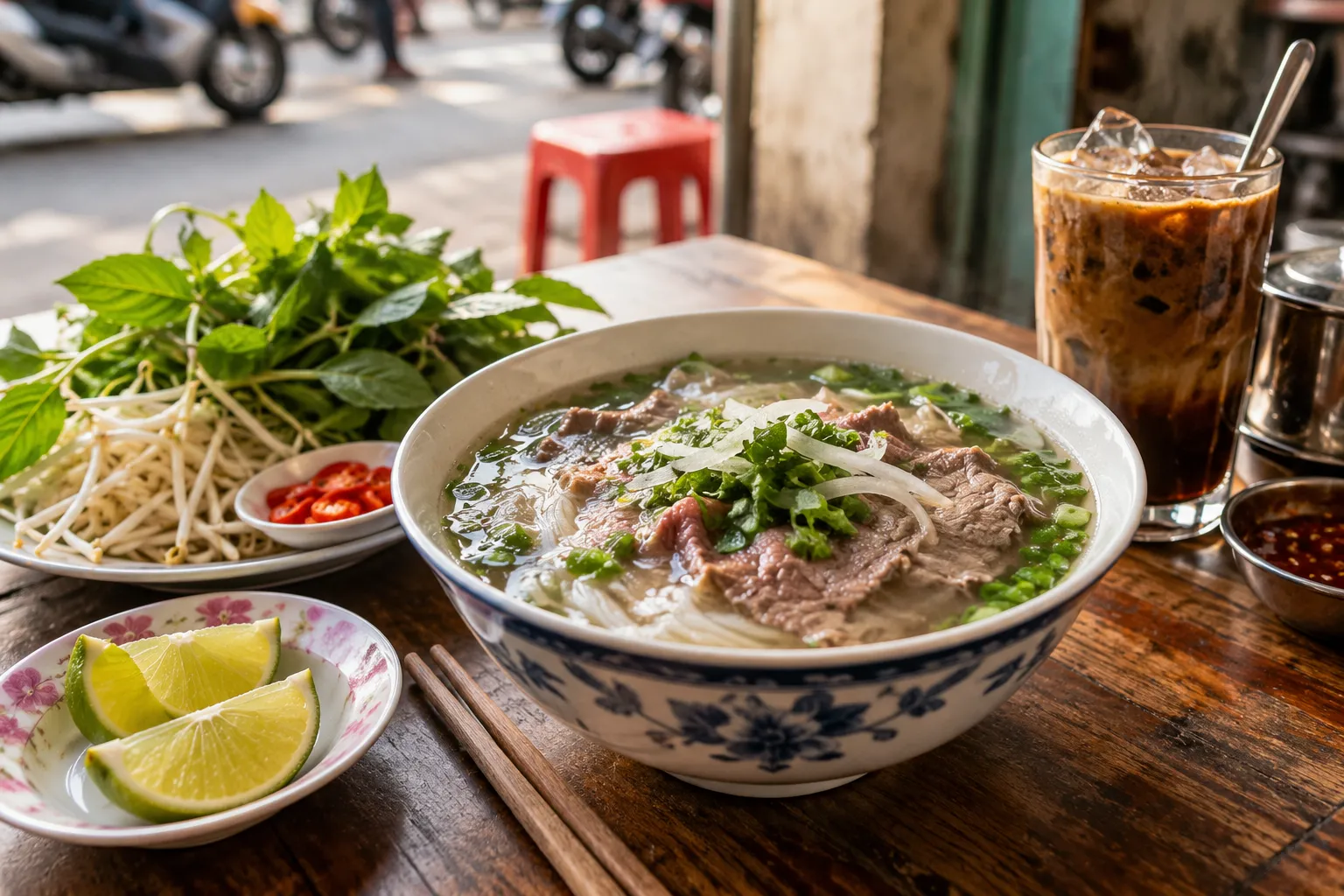 Phở bò Sài Gòn nóng hổi cùng rau thơm và cà phê đá