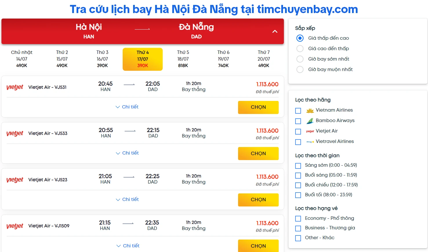 tra cứu lịch bay Hà Nội đi Đà Nẵng