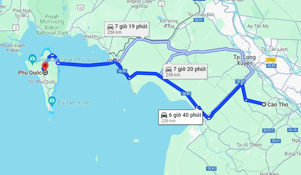 Khoảng cách từ Cần Thơ đi Phú Quốc bao nhiêu km