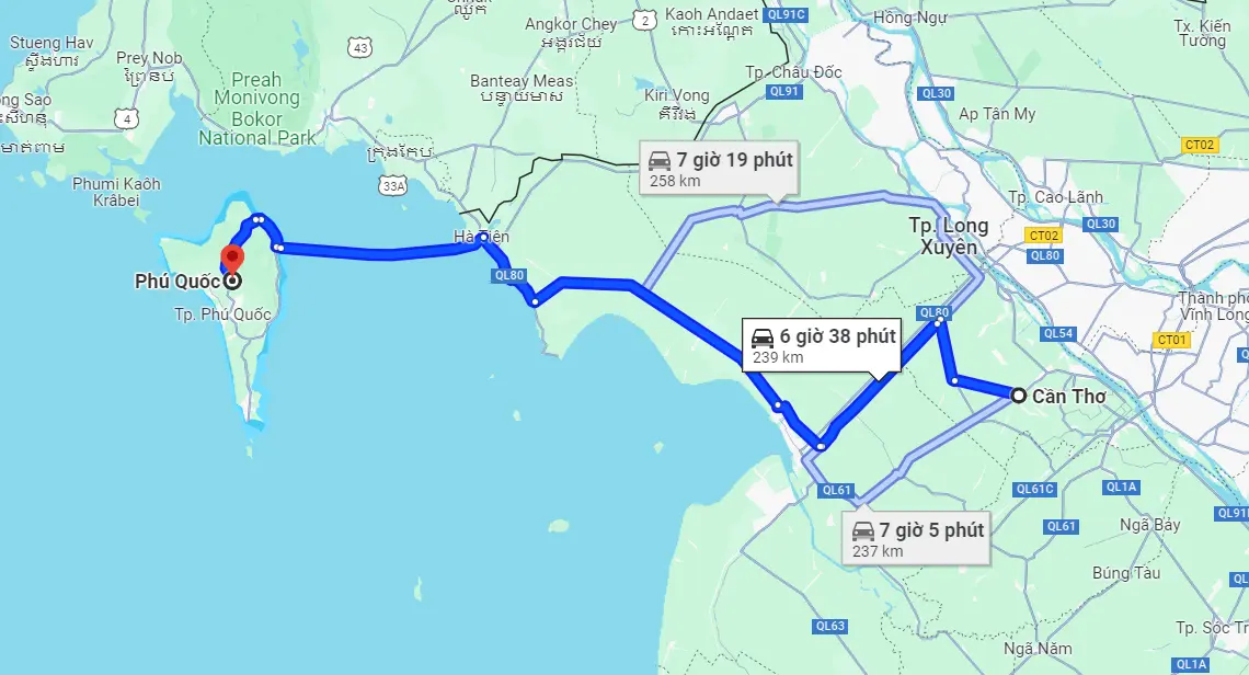 Cần Thơ đi Phú Quốc bao nhiêu km