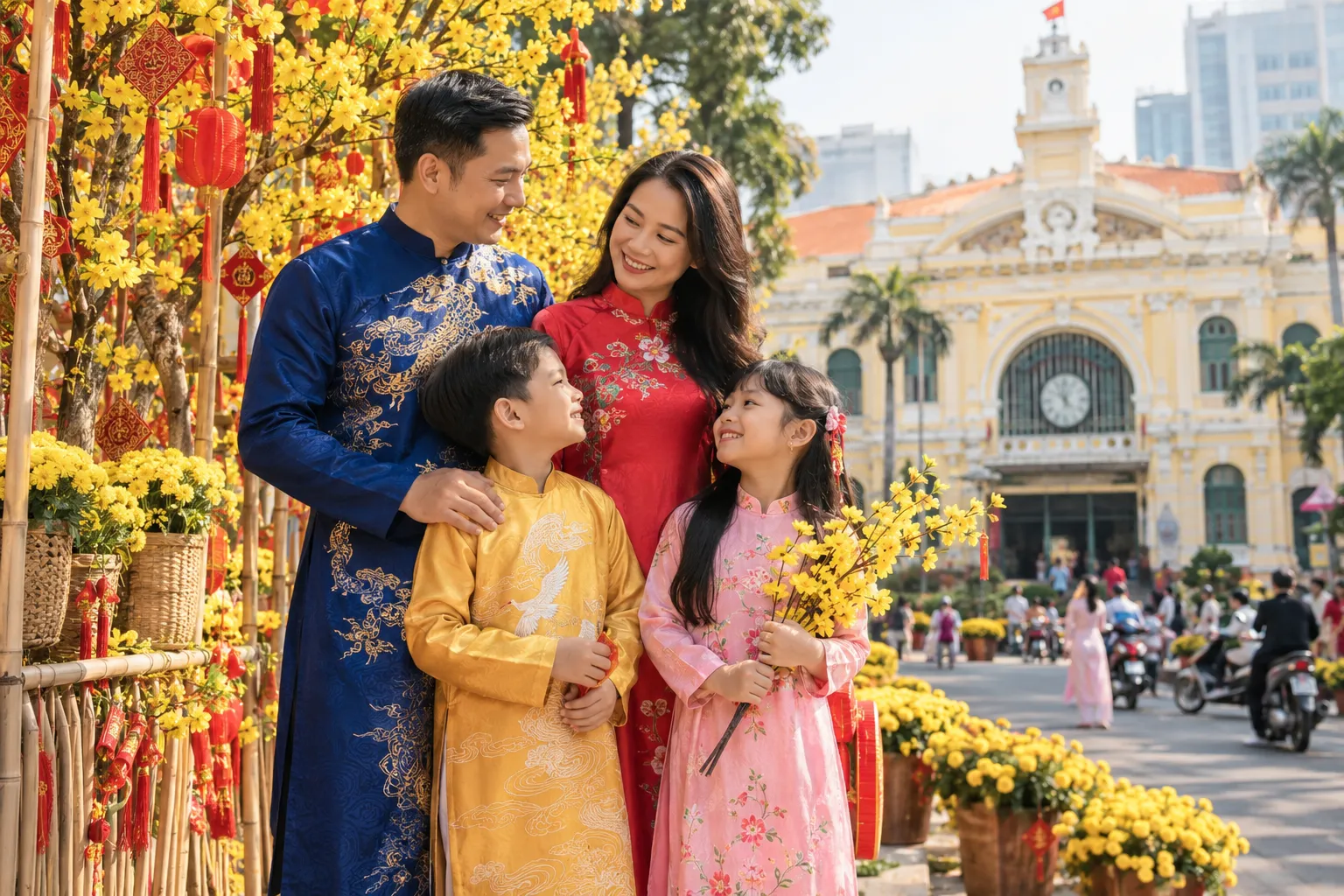 Gia đình diện áo dài đón Tết ở Sài Gòn