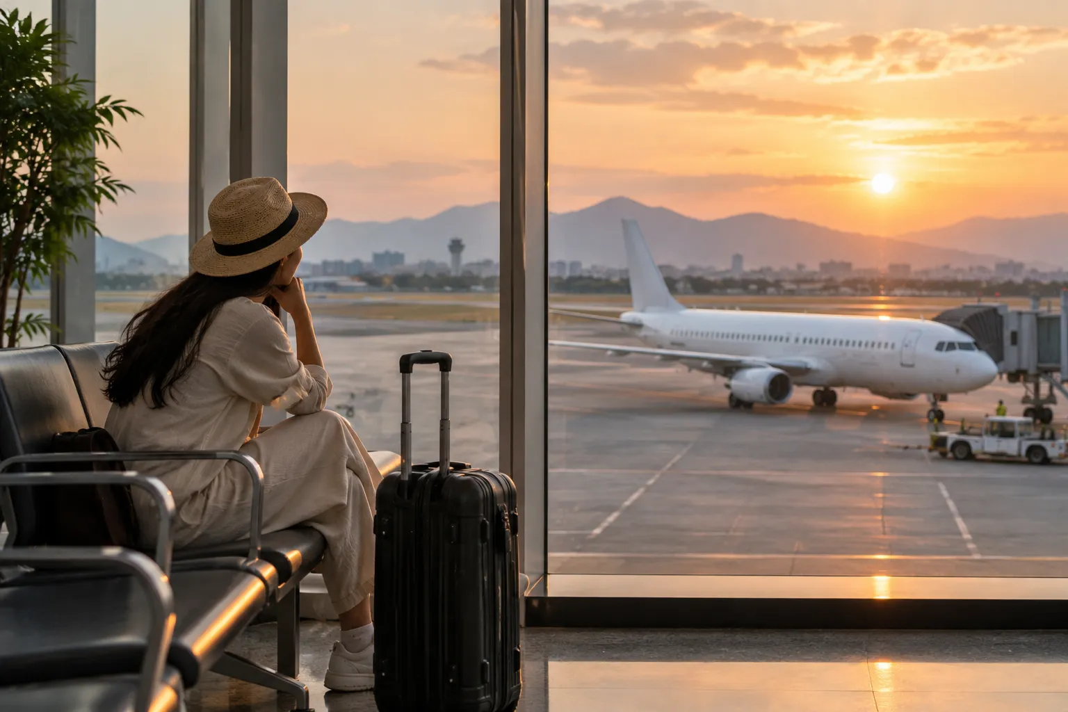 Hành khách chờ chuyến bay nội địa trong nắng hoàng hôn