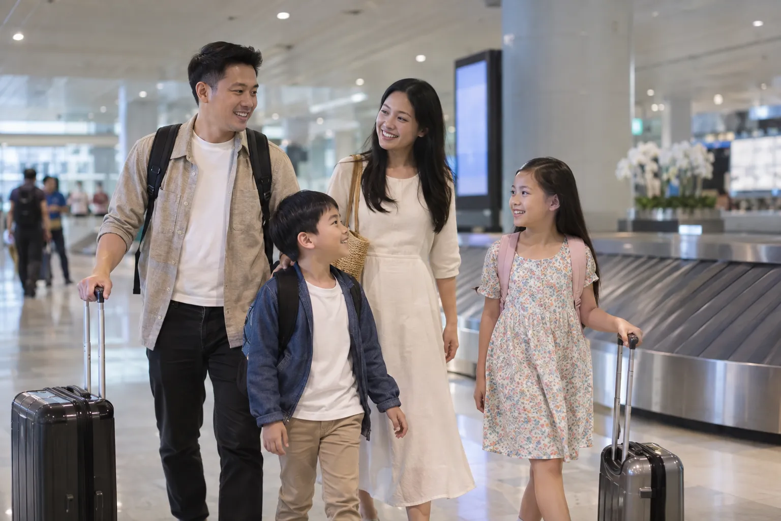 Gia đình làm thủ tục và di chuyển tại sân bay