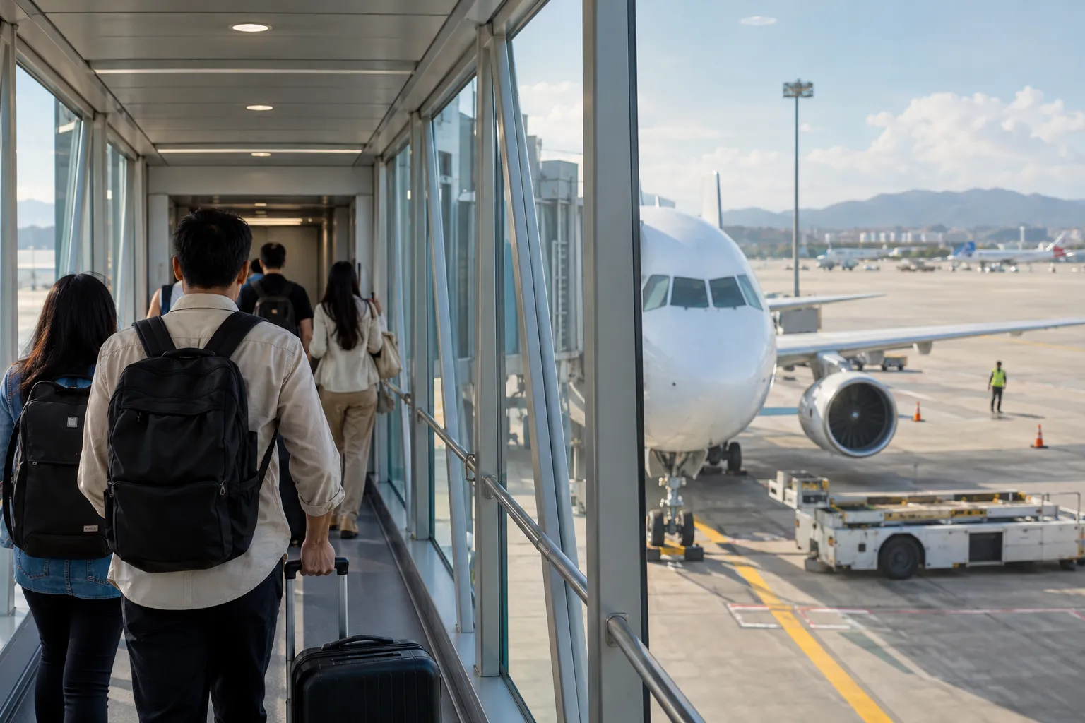 Hành khách lên máy bay qua cầu ống tại sân bay