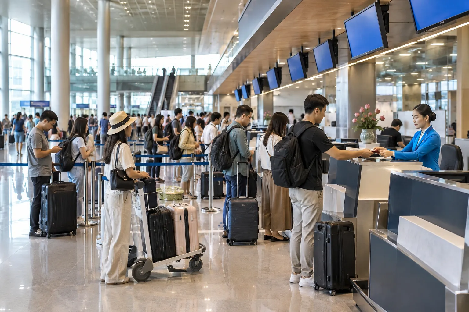 Sảnh check-in hãng hàng không nội địa nhộn nhịp