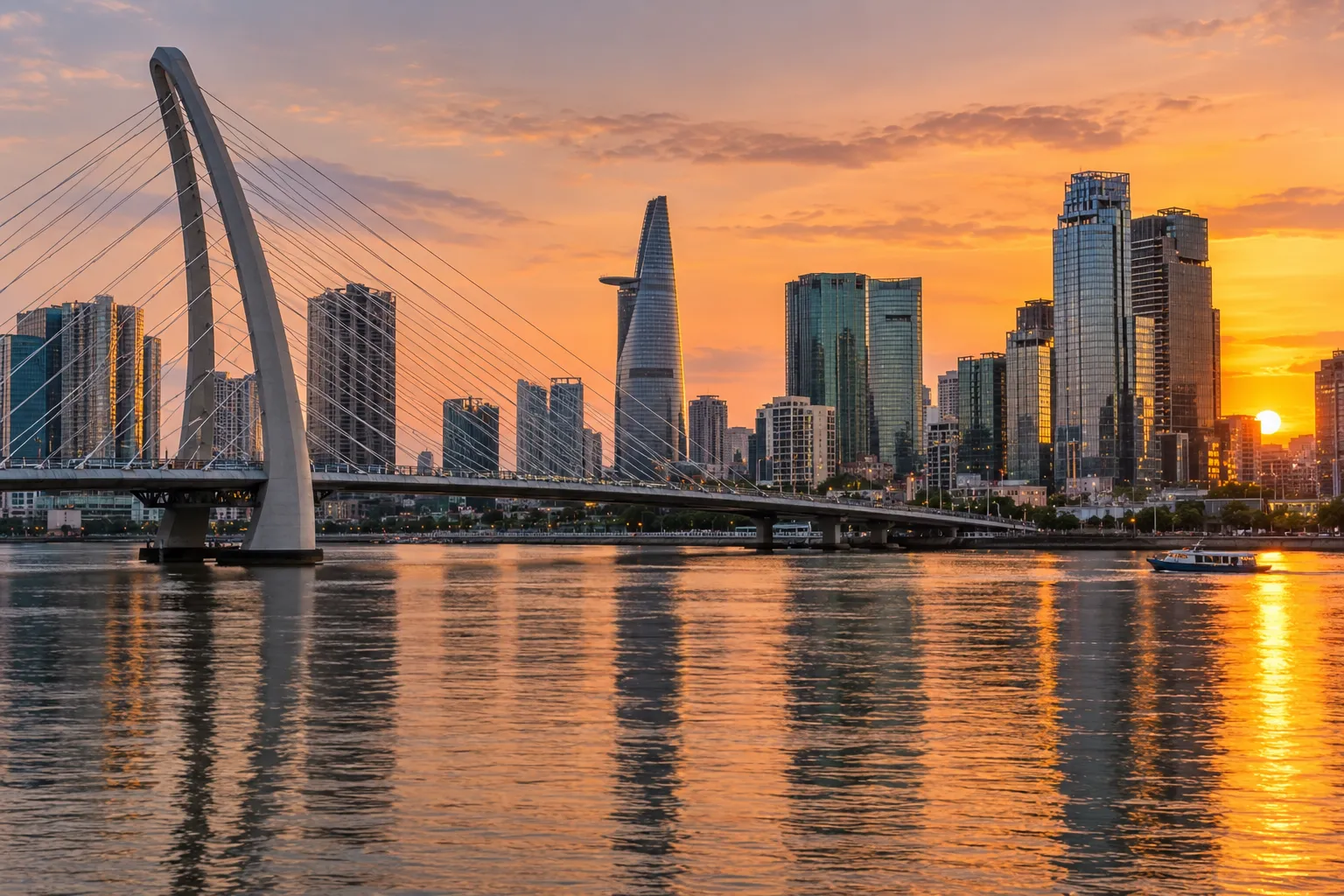 Cầu Thủ Thiêm và skyline Sài Gòn lúc hoàng hôn