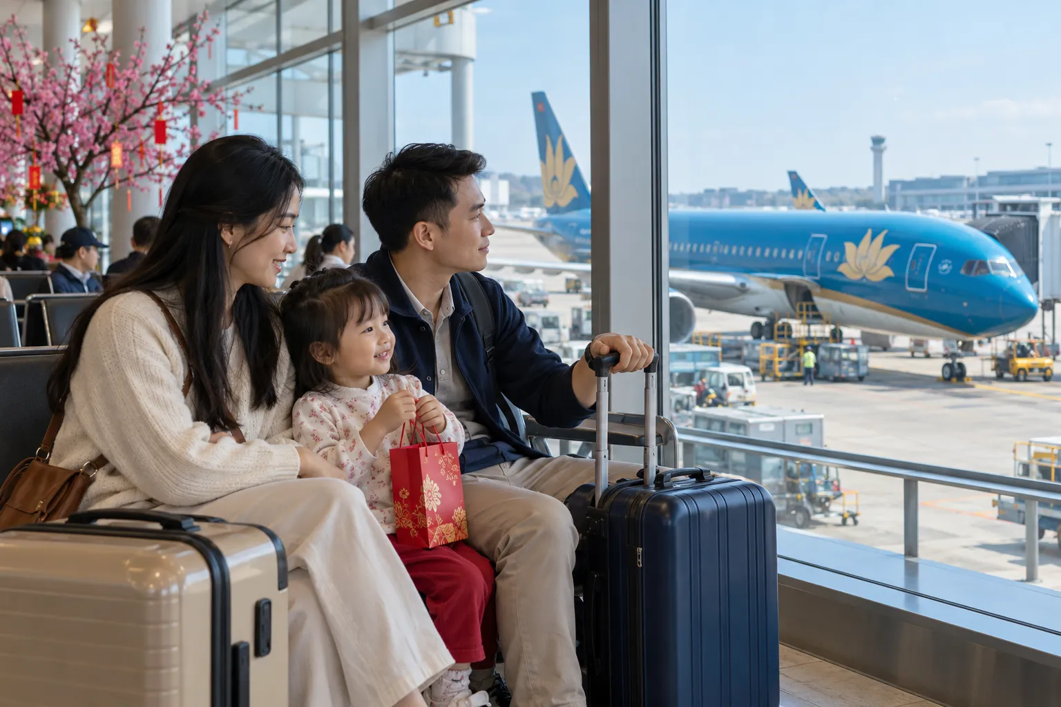 Gia đình chờ chuyến bay tại sân bay