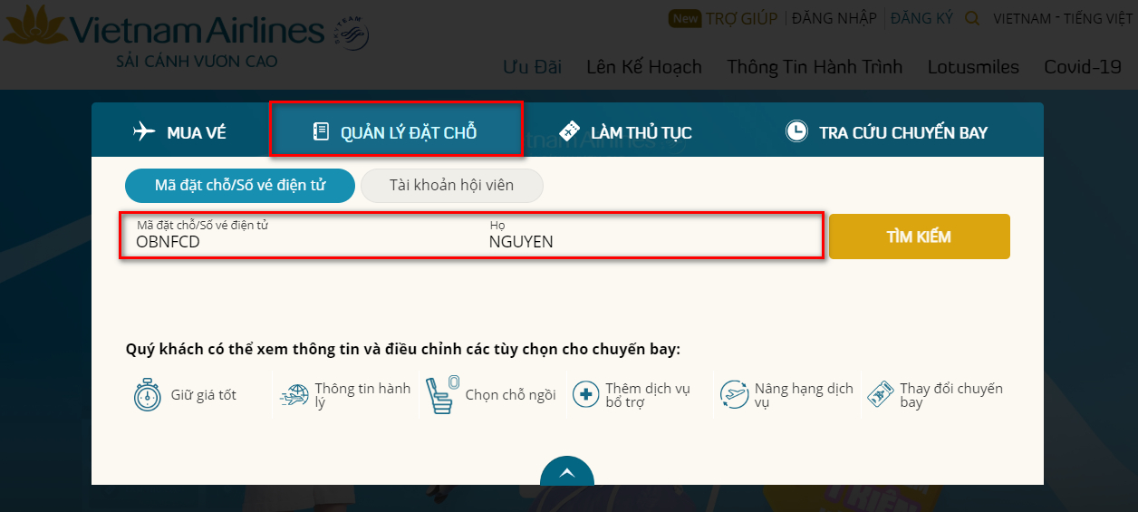 Kiểm tra vé máy bay đã đặt Vietnam Airlines