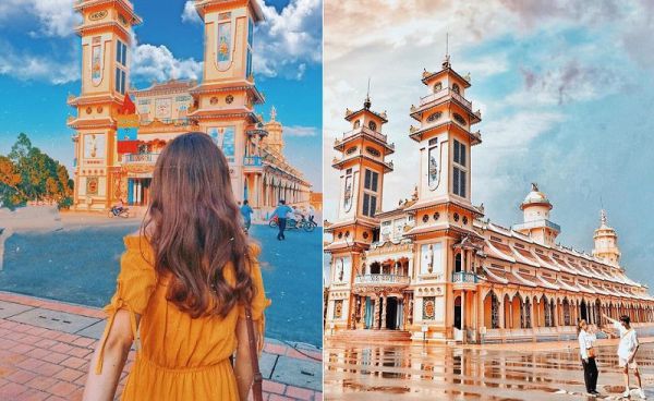 Nhiều du khách chọn toà thánh Cao Đài làm background check in đầy nghệ thuật