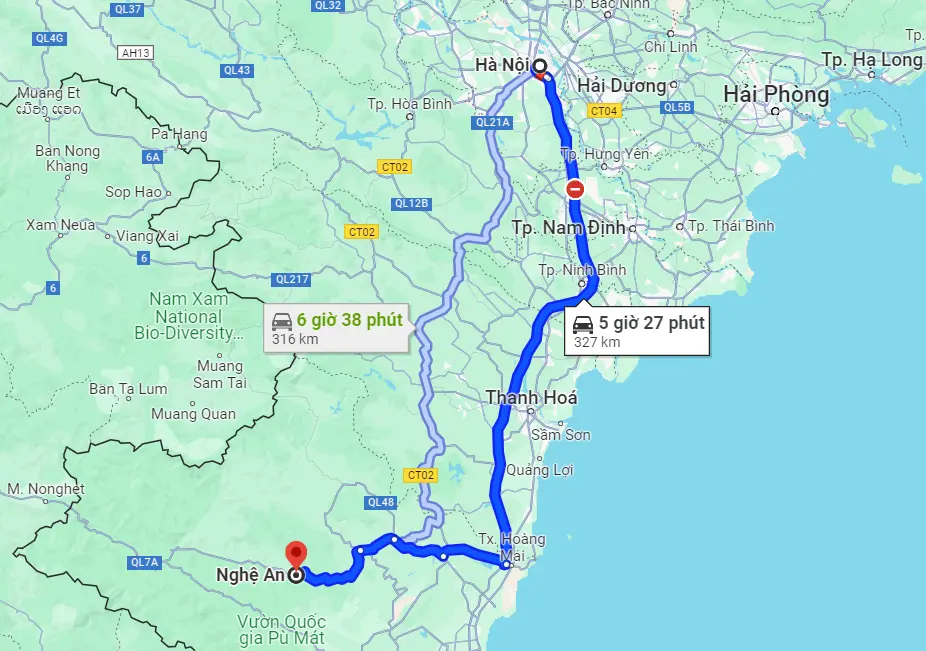 Khoảng cách từ Hà Nội đến Nghệ An
