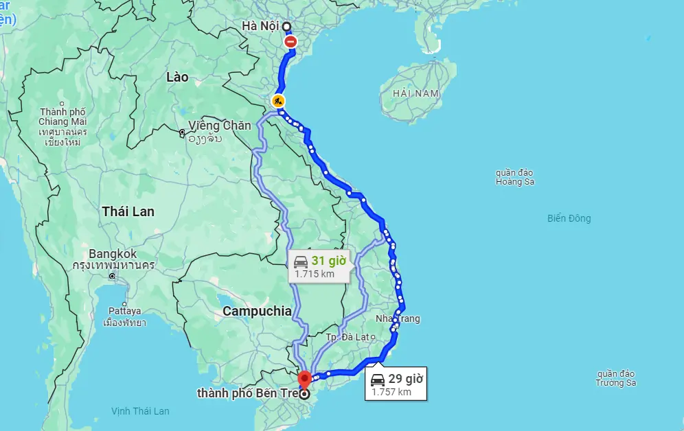 Khoảng cách từ Hà Nội đến Bến Tre bao nhiêu km