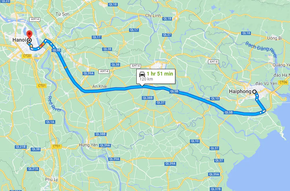 Khoảng cách từ Hải Phòng đến Hà Nội là khoảng 120km
