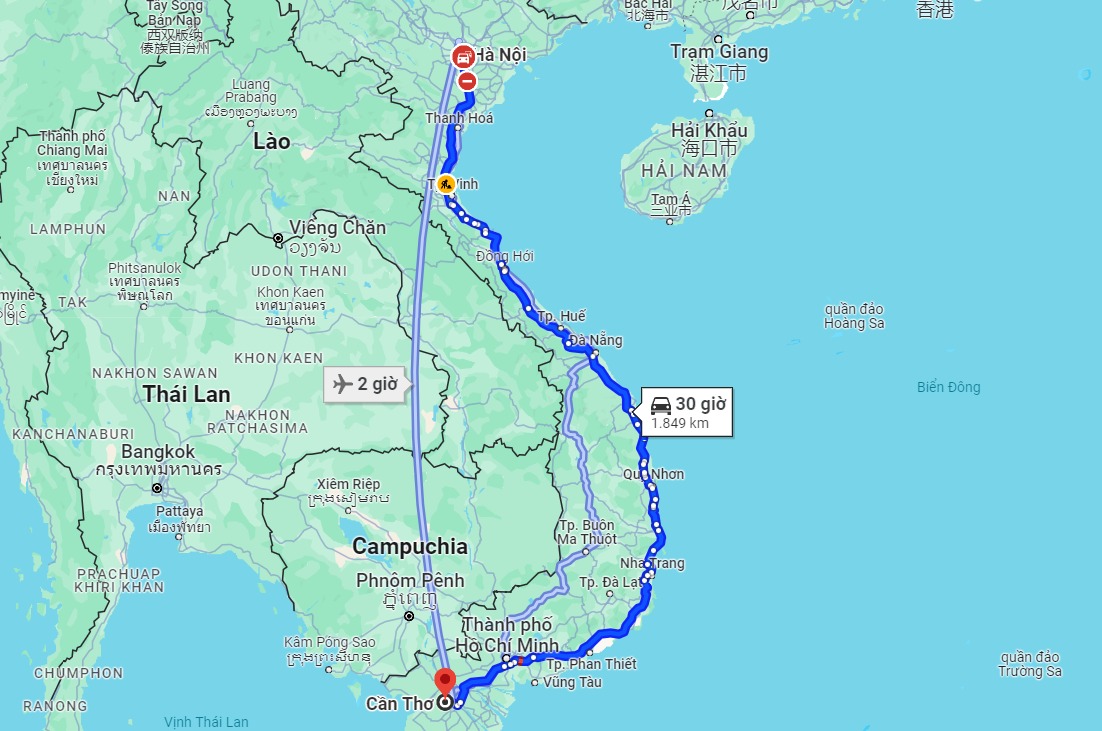 Từ Hà Nội đến Cần Thơ bao nhiêu km