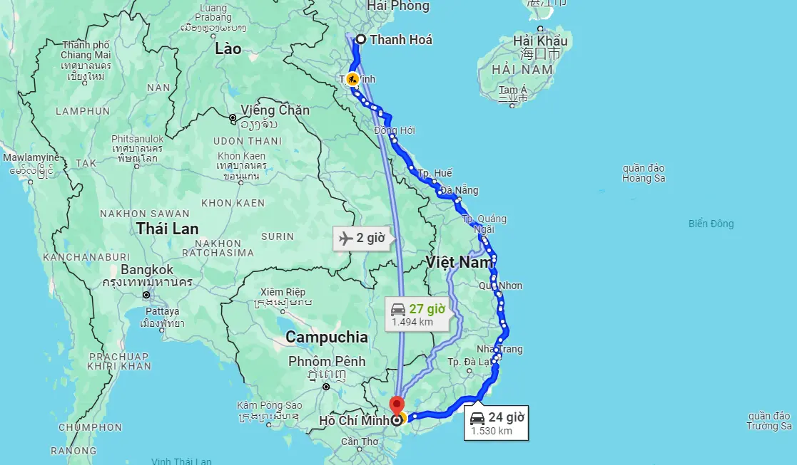 Từ Thanh Hóa đến Sài Gòn bao nhiêu km