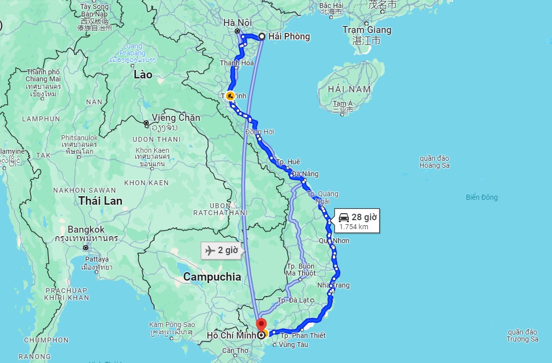 Khoảng cách từ Hải Phòng đến Sài Gòn bao nhiêu km?