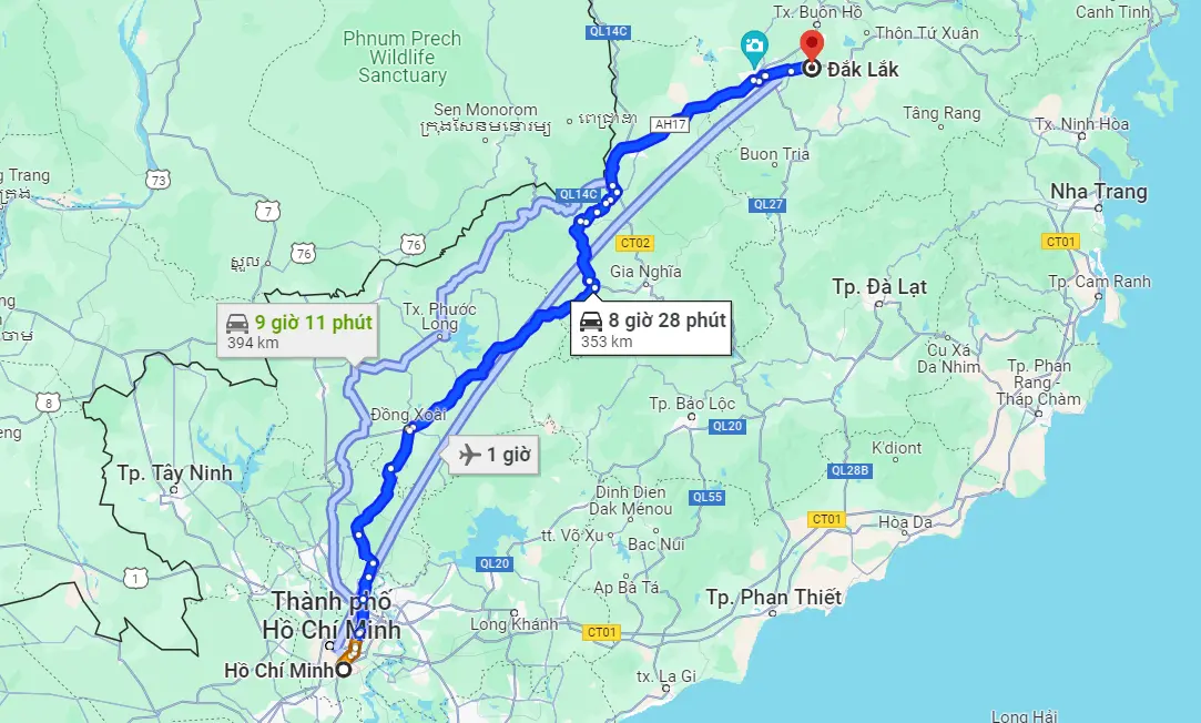 Từ Sài Gòn đến Đắk Lắk bao nhiêu km