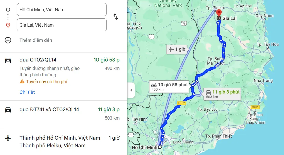Từ Sài Gòn đến Gia Lai bao nhiêu km