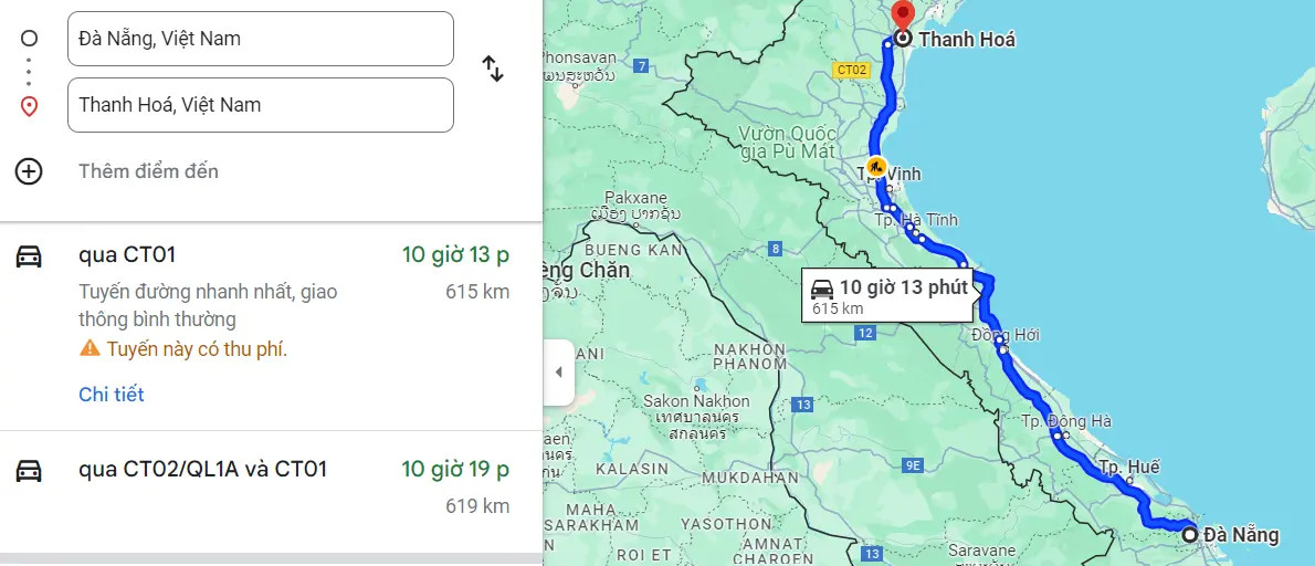 Từ Đà Nẵng đến Thanh Hóa bao nhiêu km