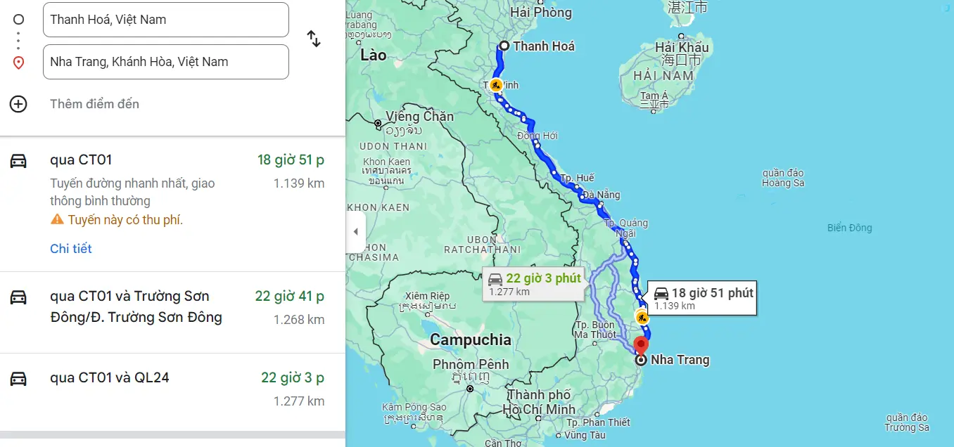 Khoảng cách từ Thanh Hóa đến Nha Trang bao nhiêu km