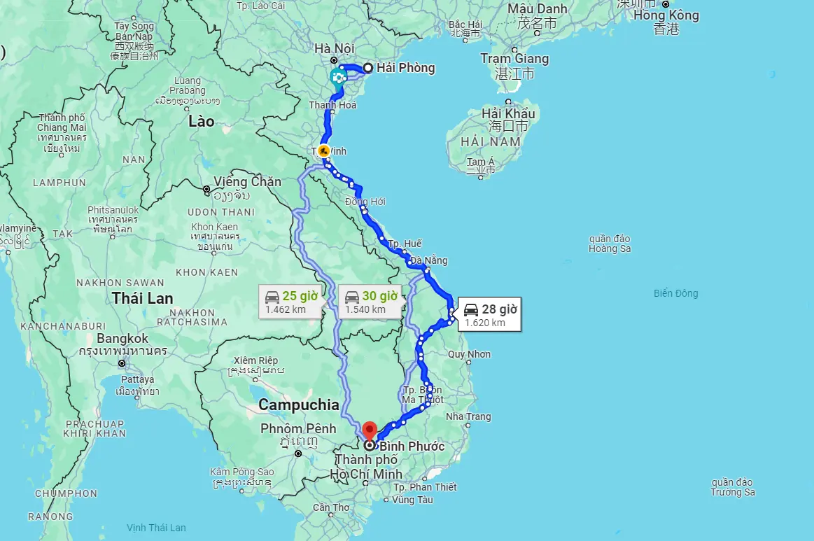 Từ Hải Phòng đến Bình Phước bao nhiêu km