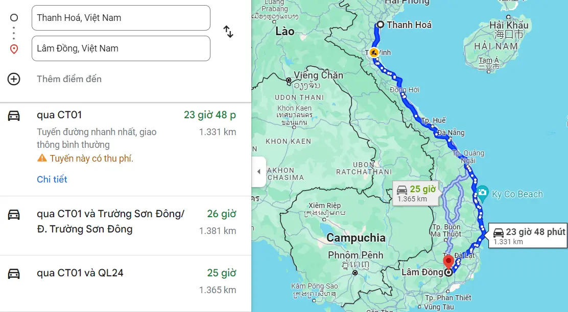 Từ Thanh Hóa đến Lâm Đồng bao nhiêu km