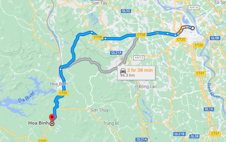 Khoảng cách từ Hà Nội tới Hoà Bình khoảng 75km