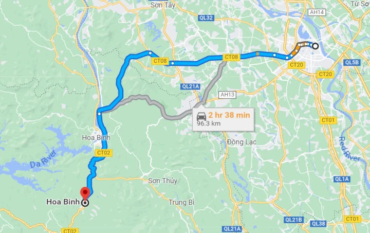 Khoảng cách từ Hà Nội tới Hoà Bình khoảng 75km
