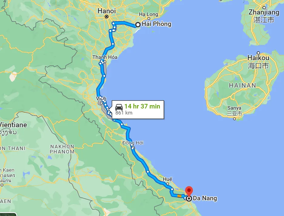 Khoảng cách từ Hải Phòng đến Đà Nẵng bao nhiêu km