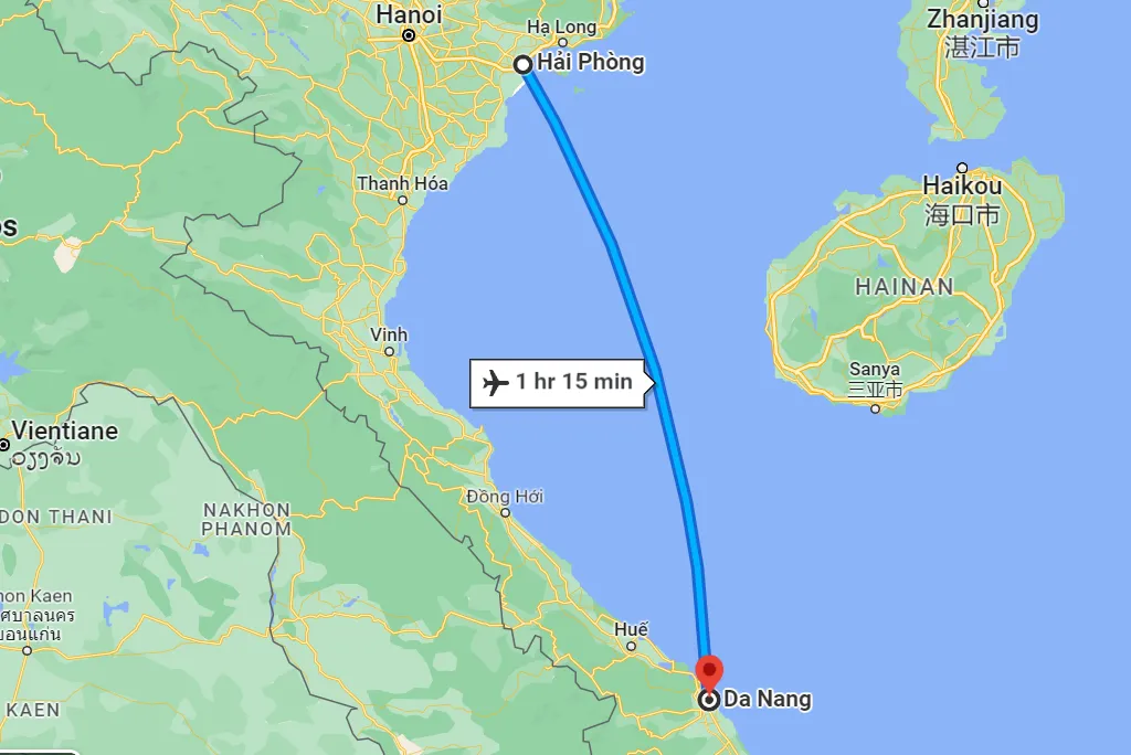Khoảng cách từ Hải Phòng đến Đà Nẵng bao nhiêu km theo đường hàng không