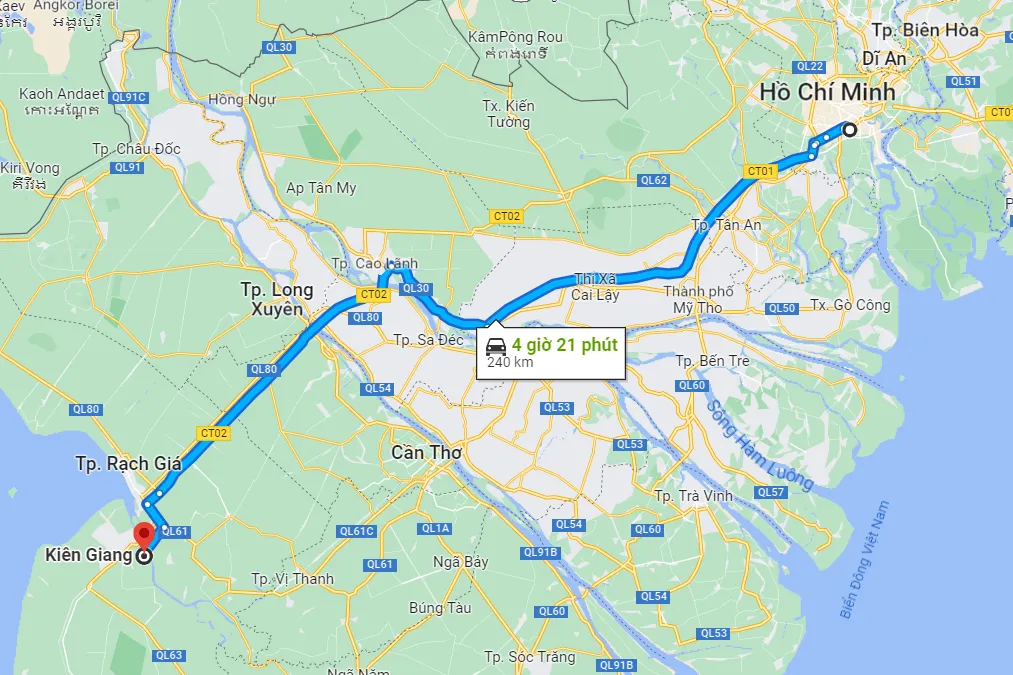 Khoảng cách từ Sài Gòn đến Kiên Giang bao nhiêu km