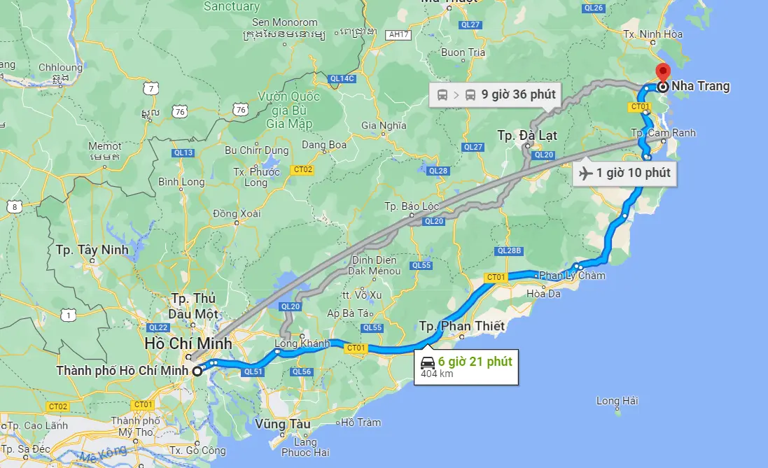 Khoảng cách từ Sài Gòn đến Nha Trang khoảng 404km