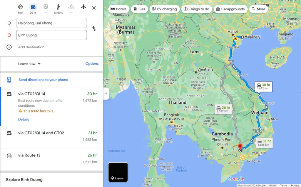 Từ Hải Phòng đến Bình Dương bao nhiêu km