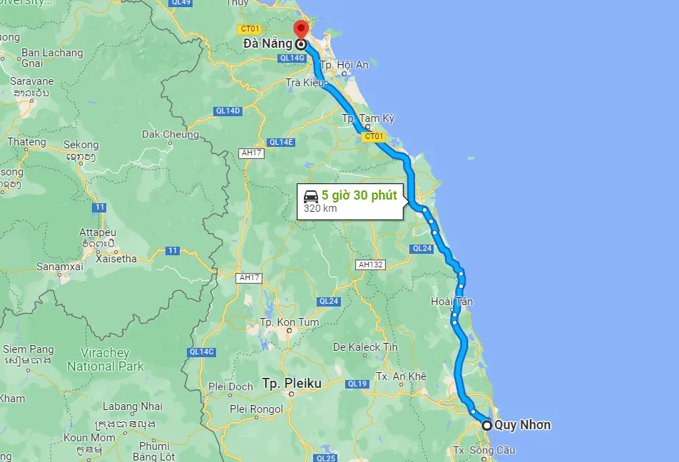 Từ Quy Nhơn ra Đà Nẵng bao nhiêu km