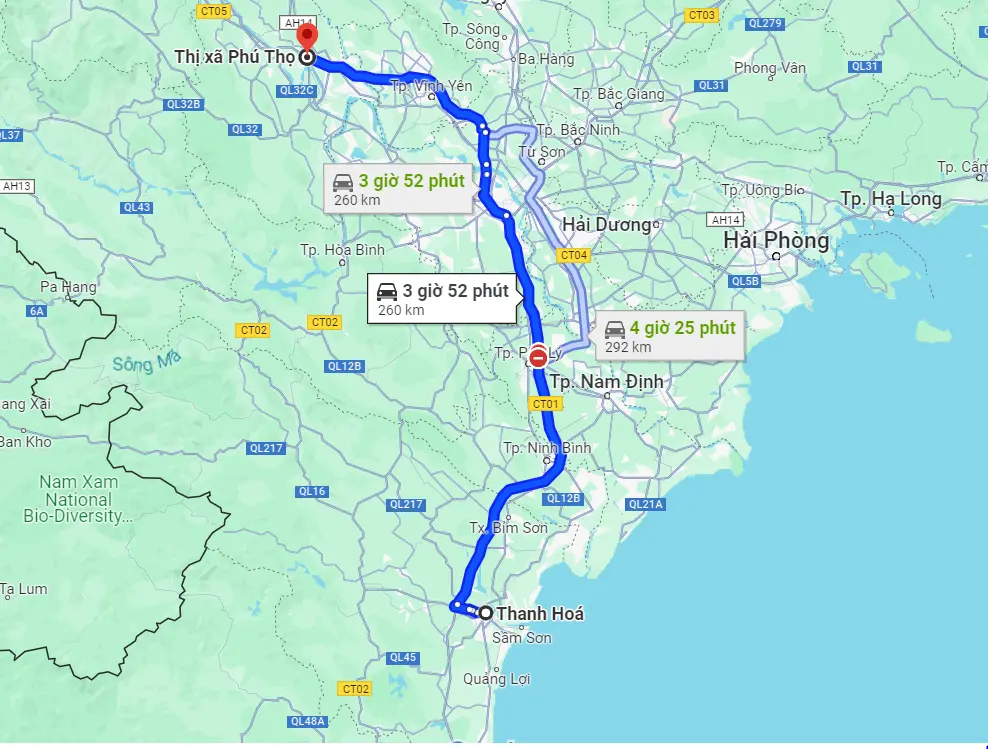 Khoảng cách từ Thanh Hóa đến Phú Thọ bao nhiêu km