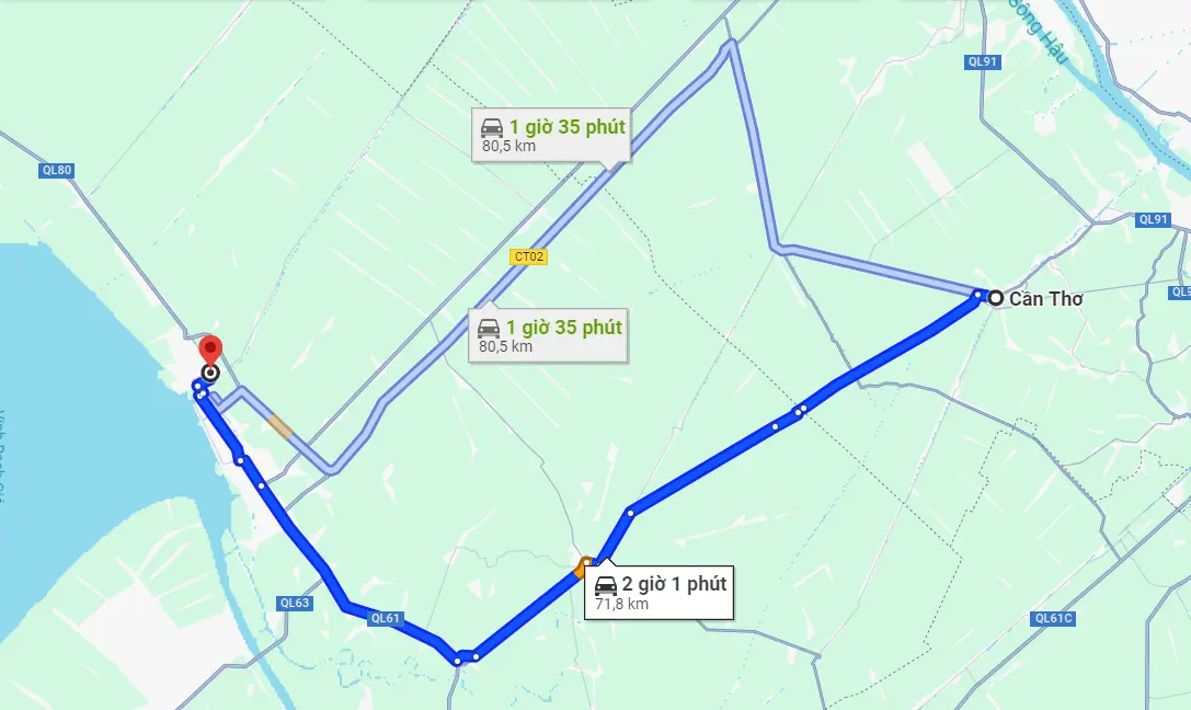 Cần Thơ đi Rạch Giá qua QL61 có khoảng cách là 71,8km và thời gian di chuyển khoảng 2 tiếng
