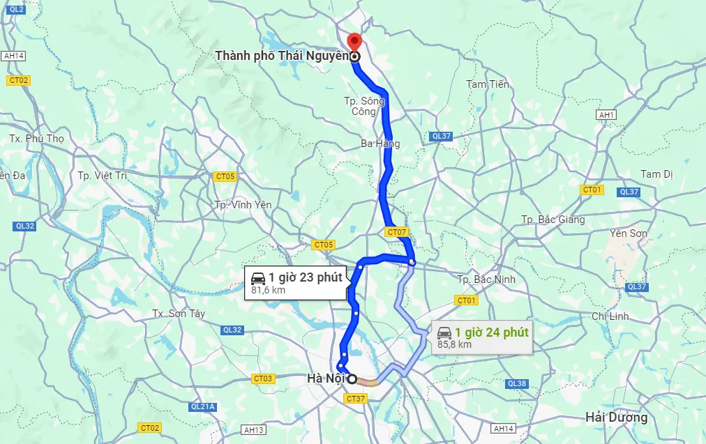 Khoảng cách từ Hà Nội đến Thái Nguyên bao nhiêu km