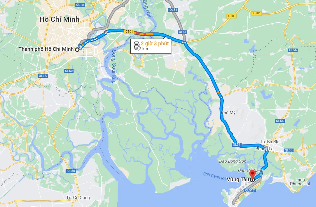 Khoảng cách từ Sài Gòn đến Vũng Tàu bao nhiêu km