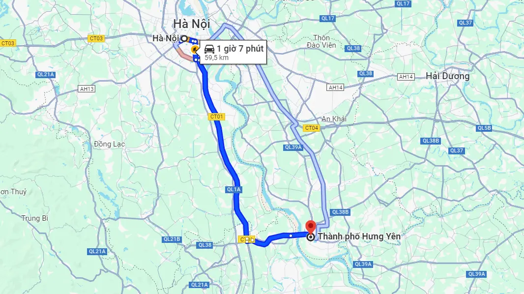 Từ Hà Nội đến Hưng Yên là bao nhiêu km