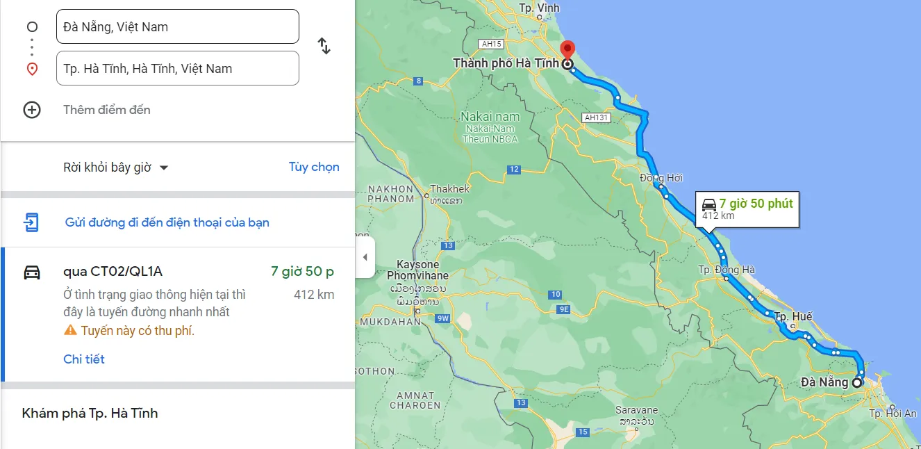 Từ Đà Nẵng đến Hà Tĩnh bao nhiêu km