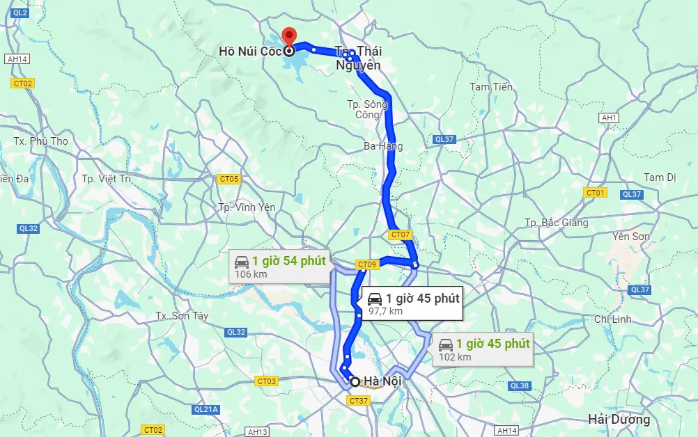 Từ Hà Nội đến hồ Núi Cốc bao nhiêu km