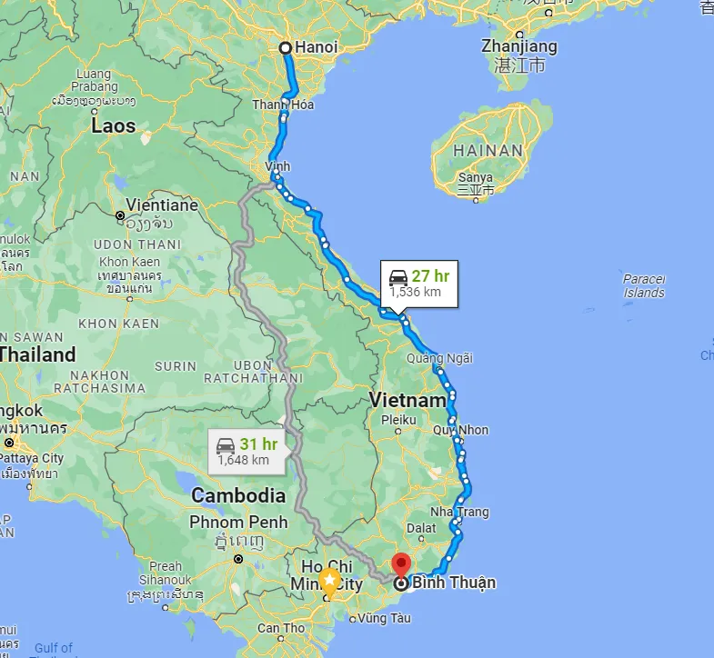 Từ Hà Nội đến Bình Thuận bao nhiêu km