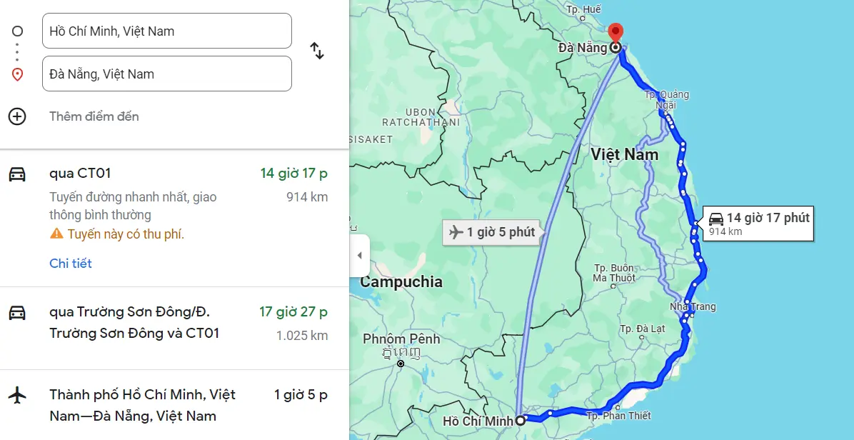 Từ Sài Gòn đi Đà Nẵng bao nhiêu km