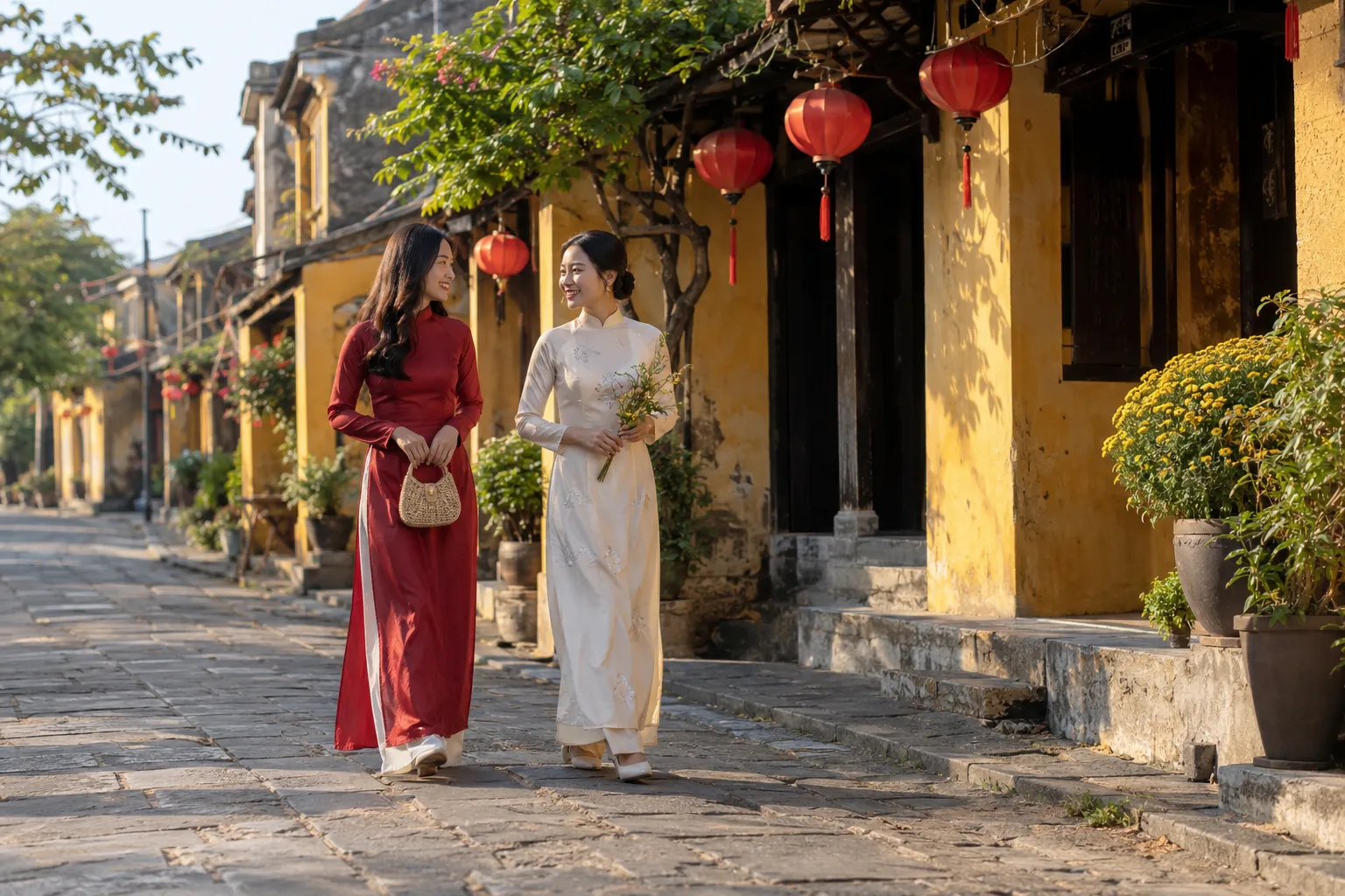 Hai phụ nữ mặc áo dài du xuân tại phố cổ Hội An