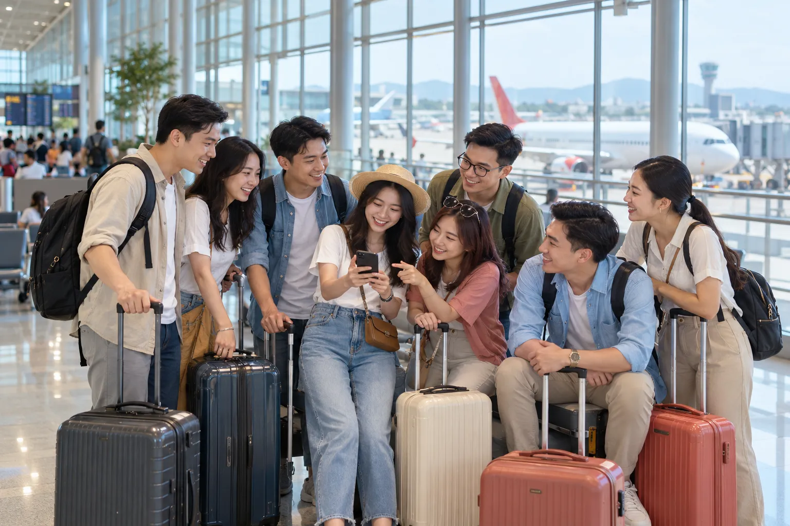 Nhóm bạn cùng hành lý chuẩn bị khởi hành tại sân bay