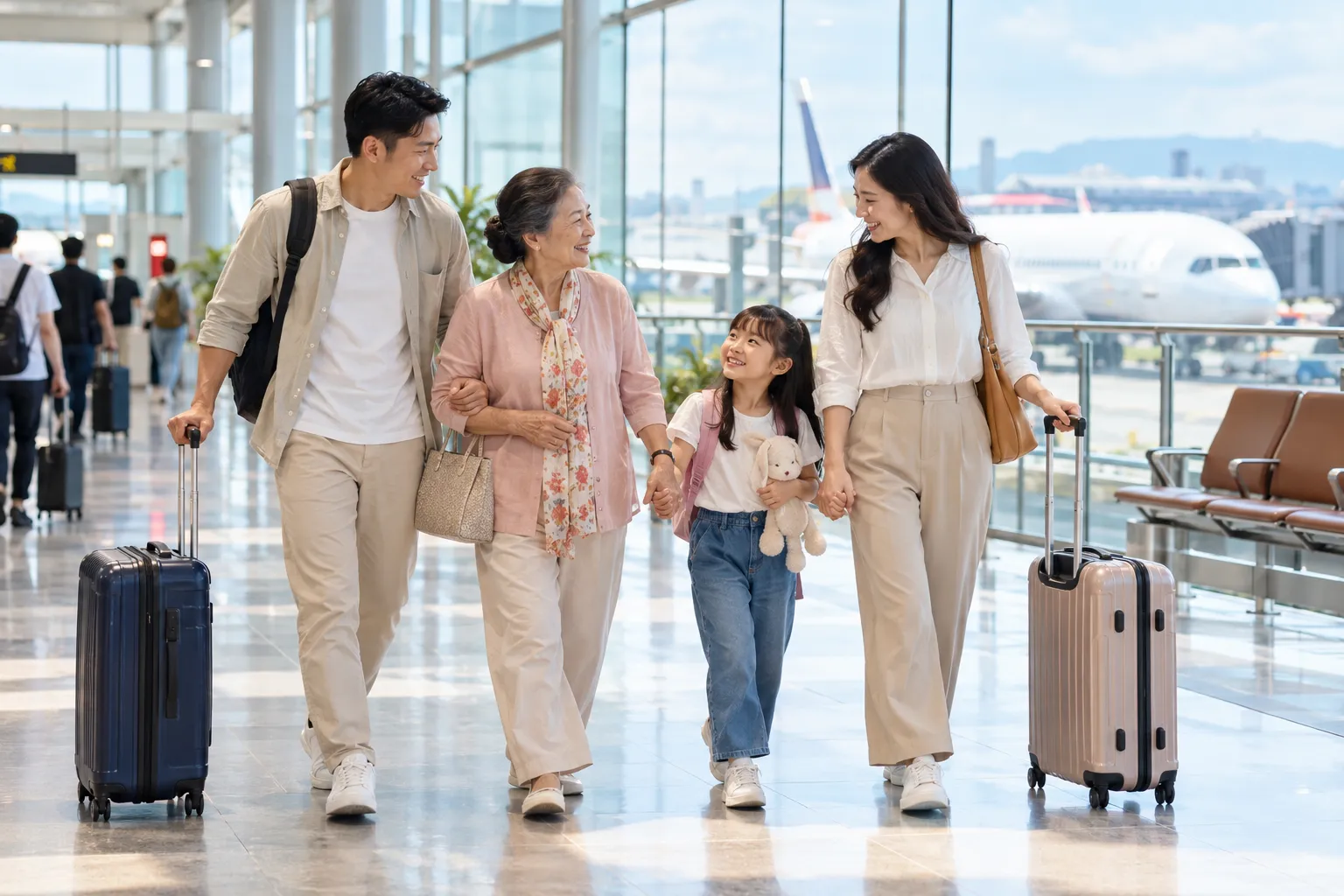 Gia đình có trẻ em và người lớn tuổi di chuyển tại sân bay