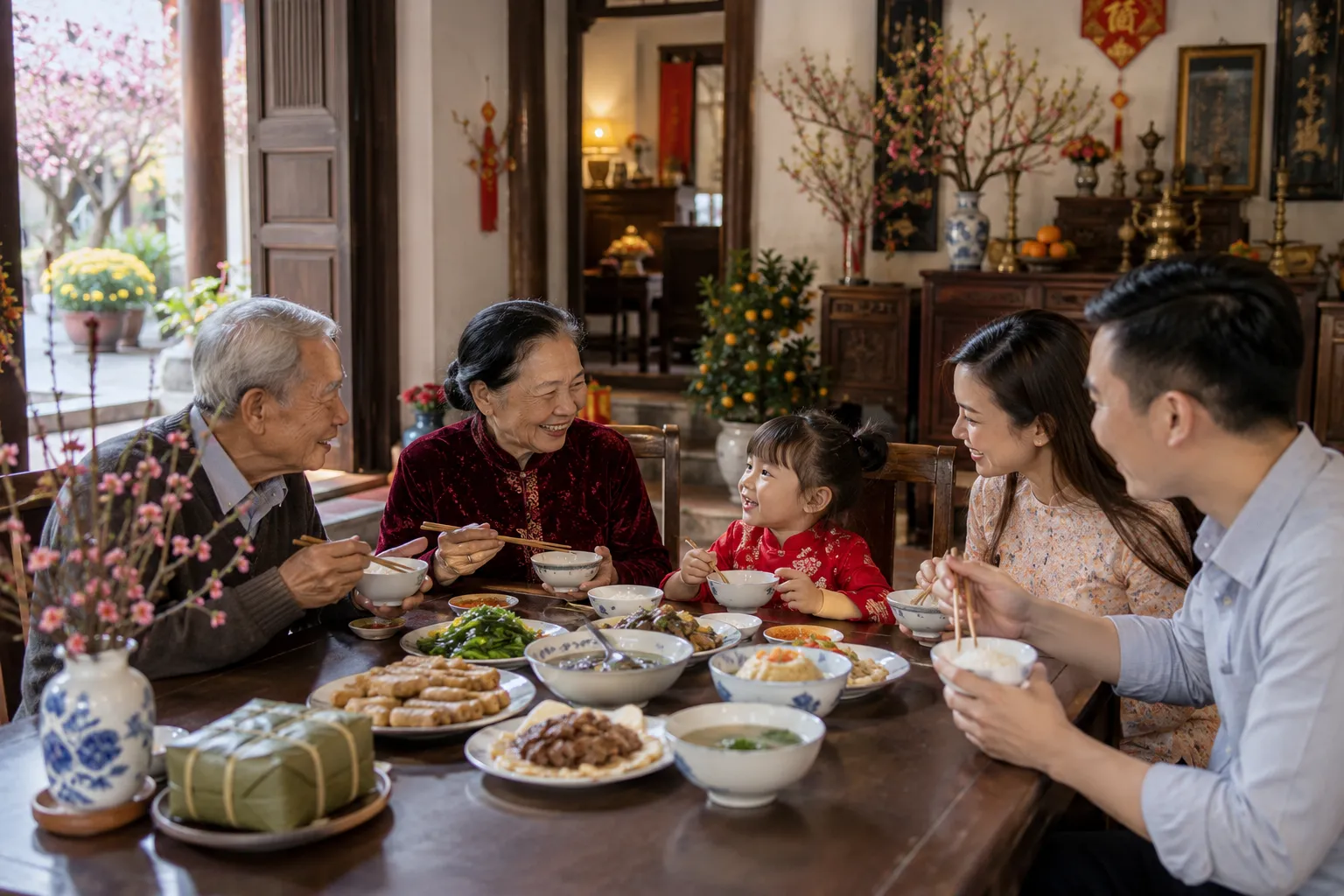 Gia đình ba thế hệ quây quần bên mâm cơm Tết